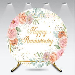 Aperturee - Aperturee Elegant Watercolor Happy Anniversary Round Backdrop featuring Pink Peach Roses and Golden Glitter Sprinkles.