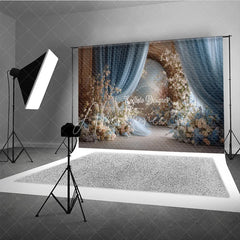 Aperturee - Aperturee Elegant Wedding Aisle Backdrop Blue Drapes with White and Peach Flowers Romantic Bridal Shower Photo Background