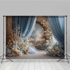 Aperturee - Aperturee Elegant Wedding Aisle Backdrop Blue Drapes with White and Peach Flowers Romantic Bridal Shower Photo Background