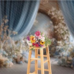 Aperturee - Aperturee Elegant Wedding Aisle Backdrop Blue Drapes with White and Peach Flowers Romantic Bridal Shower Photo Background