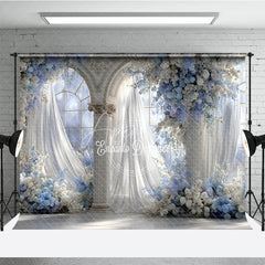 Aperturee - Aperturee Elegant Wedding Arch Backdrop Blue and White Floral Window Sheer Curtains Photography Background Props