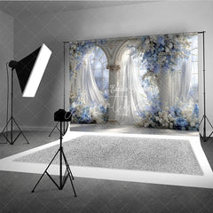 Aperturee - Aperturee Elegant Wedding Arch Backdrop Blue and White Floral Window Sheer Curtains Photography Background Props