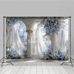 Aperturee - Aperturee Elegant Wedding Arch Backdrop Blue and White Floral Window Sheer Curtains Photography Background Props