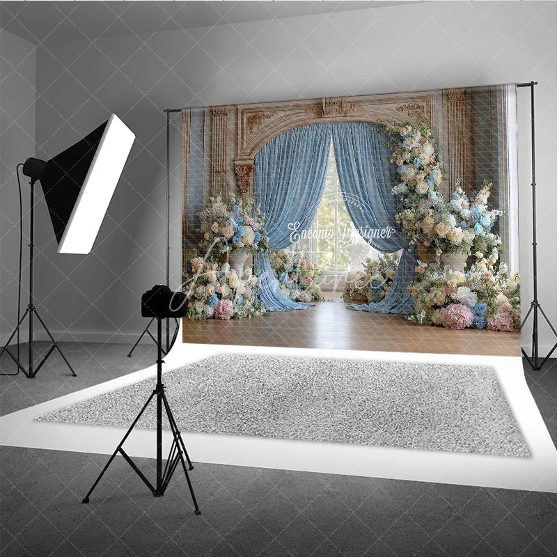 Aperturee - Aperturee Elegant Wedding Arch Backdrop Blue Drapes on Ornate Gold Arch Pink and Blue Floral Bridal Shower Photo Props