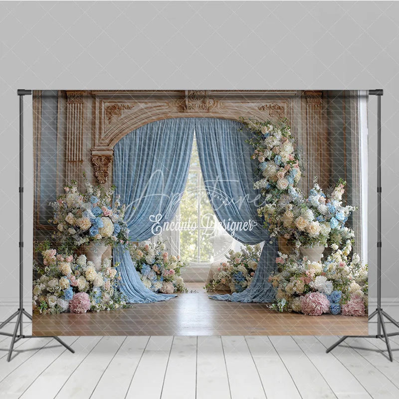Aperturee - Aperturee Elegant Wedding Arch Backdrop Blue Drapes on Ornate Gold Arch Pink and Blue Floral Bridal Shower Photo Props