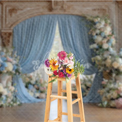 Aperturee - Aperturee Elegant Wedding Arch Backdrop Blue Drapes on Ornate Gold Arch Pink and Blue Floral Bridal Shower Photo Props