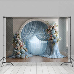 Aperturee - Aperturee Elegant Wedding Arch Backdrop White Arch with Dusty Blue Drapes Pink Blue Floral Decor for Bridal Shower