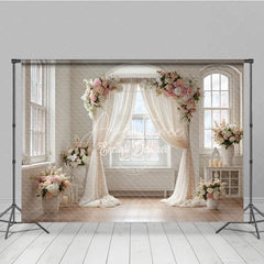 Aperturee - Aperturee Elegant Wedding Arch Backdrop Window with Cream Drapes Pink Rose Floral Decor for Bridal Shower Photo Prop