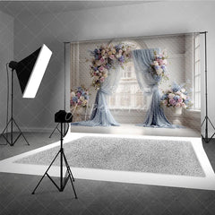 Aperturee - Aperturee Elegant Wedding Backdrop Arch Window with Dusty Blue Drapes Pink Rose and Hydrangea Floral Arrangements