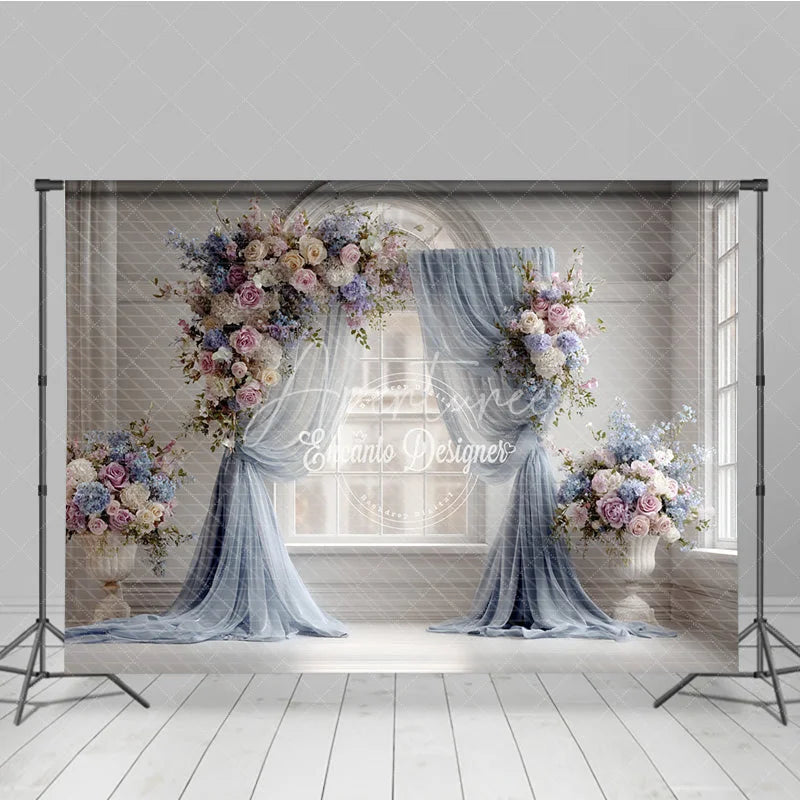 Aperturee - Aperturee Elegant Wedding Backdrop Arch Window with Dusty Blue Drapes Pink Rose and Hydrangea Floral Arrangements