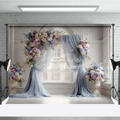 Aperturee - Aperturee Elegant Wedding Backdrop Arch Window with Dusty Blue Drapes Pink Rose and Hydrangea Floral Arrangements