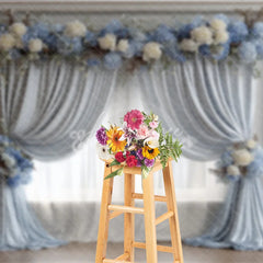 Aperturee - Aperturee Elegant Wedding Backdrop Dusty Blue Drapes with White Rose Classic Columns Photography Background Decor