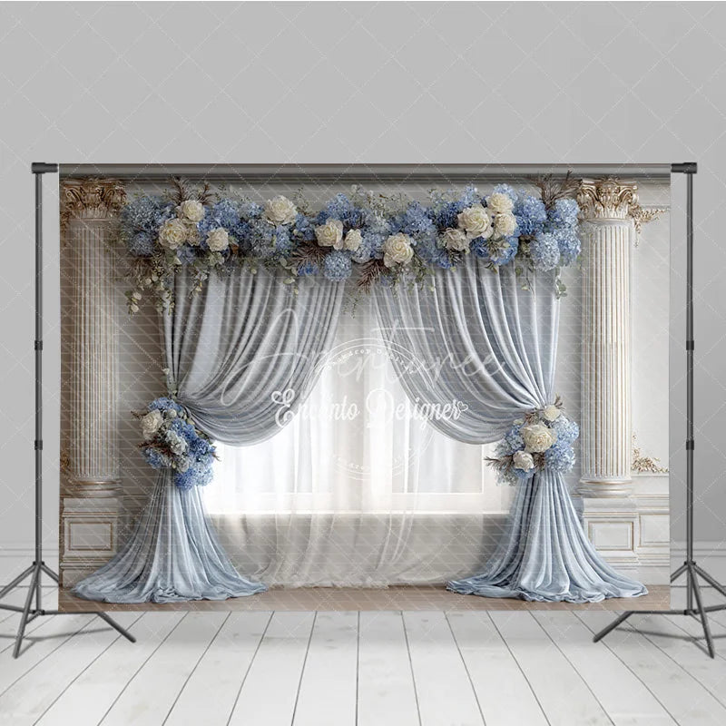 Aperturee - Aperturee Elegant Wedding Backdrop Dusty Blue Drapes with White Rose Classic Columns Photography Background Decor