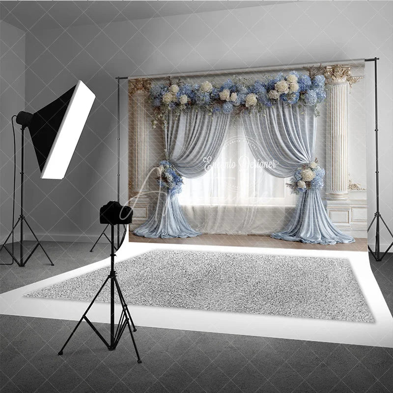 Aperturee - Aperturee Elegant Wedding Backdrop Dusty Blue Drapes with White Rose Classic Columns Photography Background Decor