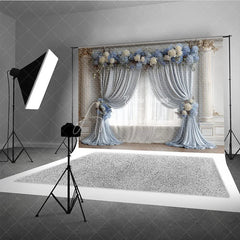 Aperturee - Aperturee Elegant Wedding Backdrop Dusty Blue Drapes with White Rose Classic Columns Photography Background Decor