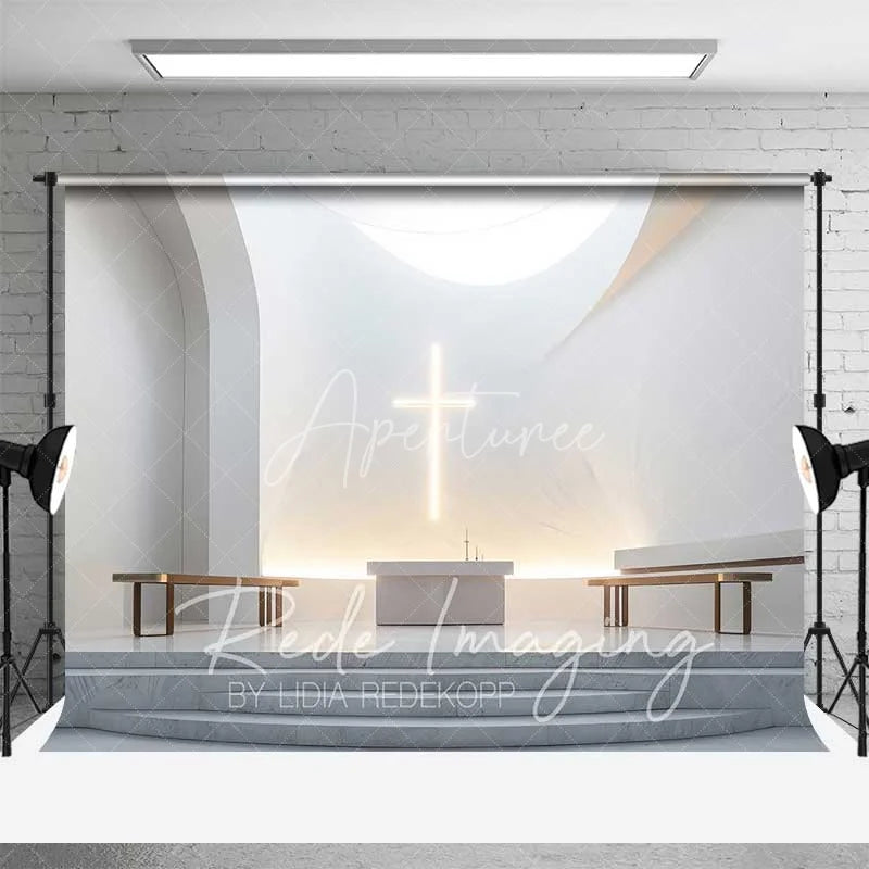 Aperturee - Aperturee Elegant Wedding Backdrop Modern White Chapel Interior with Glowing Cross Sacred Ceremony Photography