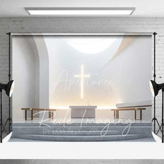 Aperturee - Aperturee Elegant Wedding Backdrop Modern White Chapel Interior with Glowing Cross Sacred Ceremony Photography