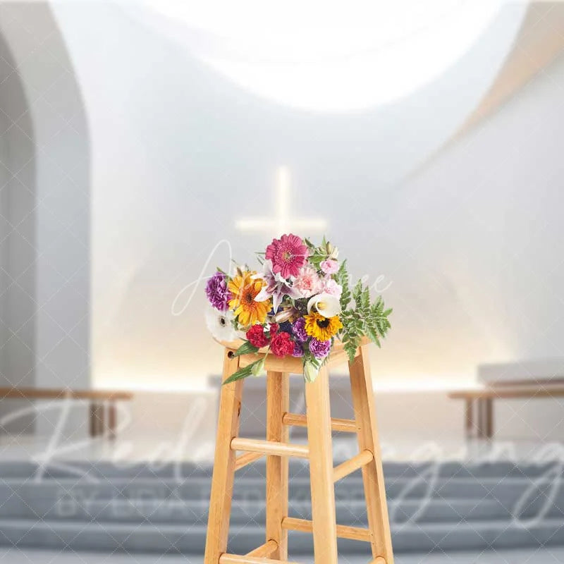 Aperturee - Aperturee Elegant Wedding Backdrop Modern White Chapel Interior with Glowing Cross Sacred Ceremony Photography