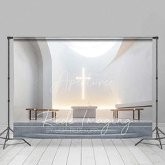 Aperturee - Aperturee Elegant Wedding Backdrop Modern White Chapel Interior with Glowing Cross Sacred Ceremony Photography