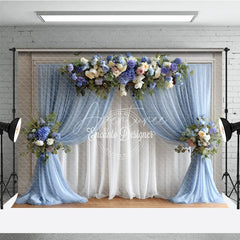 Aperturee - Aperturee Elegant Wedding Combo Set Backdrop Blue Drapes Floral Arch Bridal Shower Photography Background