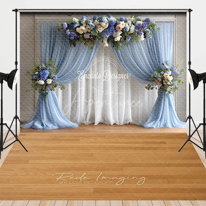 Aperturee - Aperturee Elegant Wedding Combo Set Backdrop Blue Drapes Floral Arch Bridal Shower Photography Background