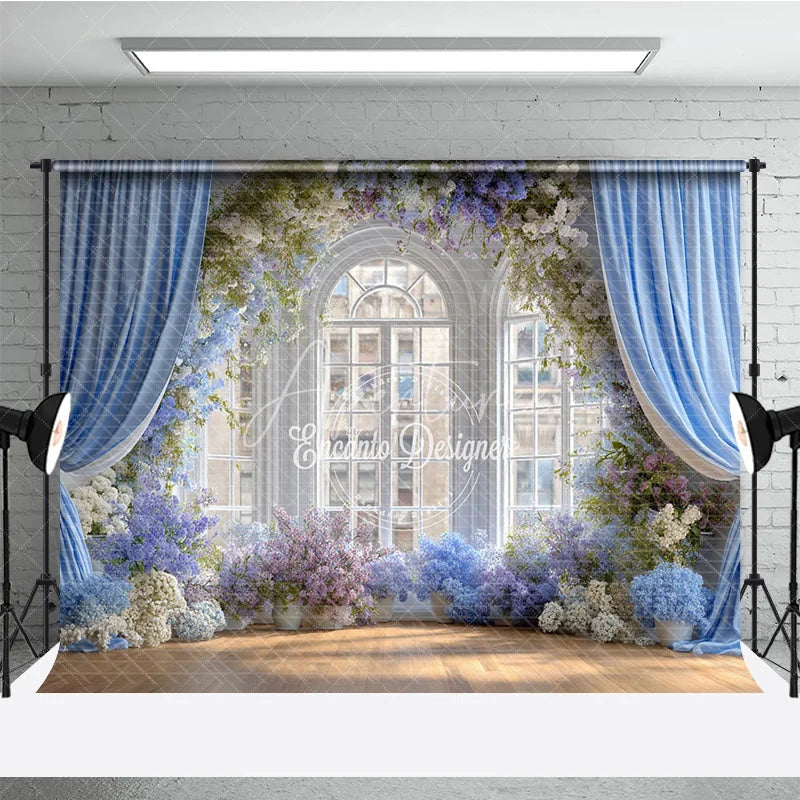 Aperturee - Aperturee Elegant Wedding Window Backdrop Blue Drapes with Purple Floral Bridal Shower Photography Background Decor
