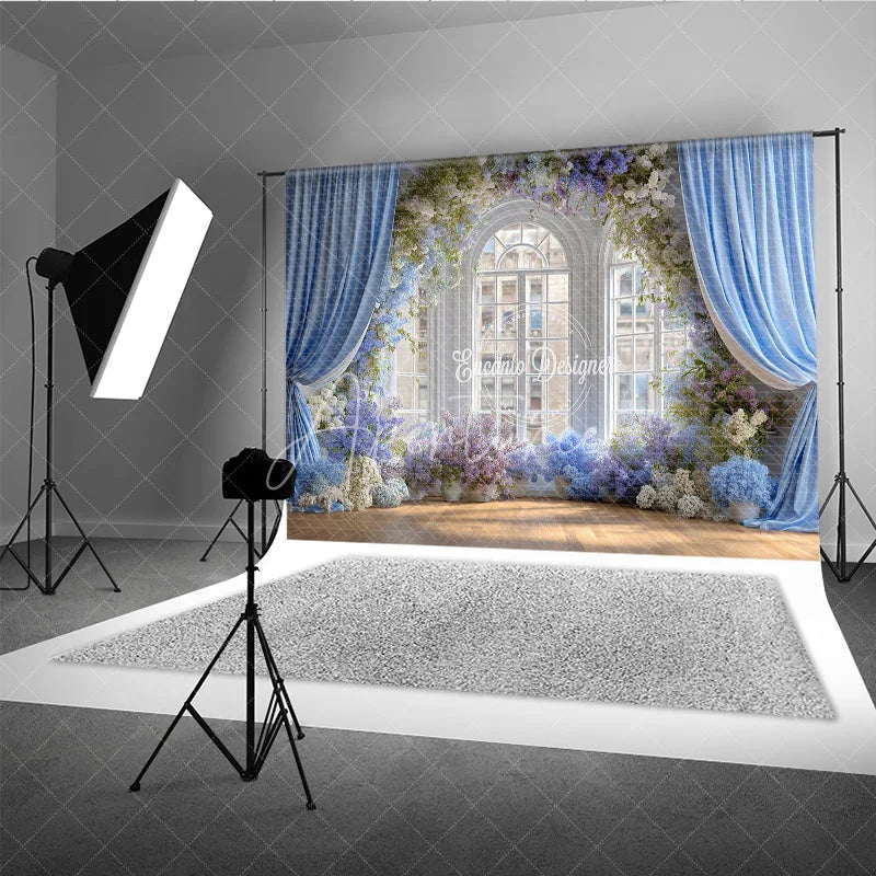 Aperturee - Aperturee Elegant Wedding Window Backdrop Blue Drapes with Purple Floral Bridal Shower Photography Background Decor