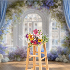 Aperturee - Aperturee Elegant Wedding Window Backdrop Blue Drapes with Purple Floral Bridal Shower Photography Background Decor