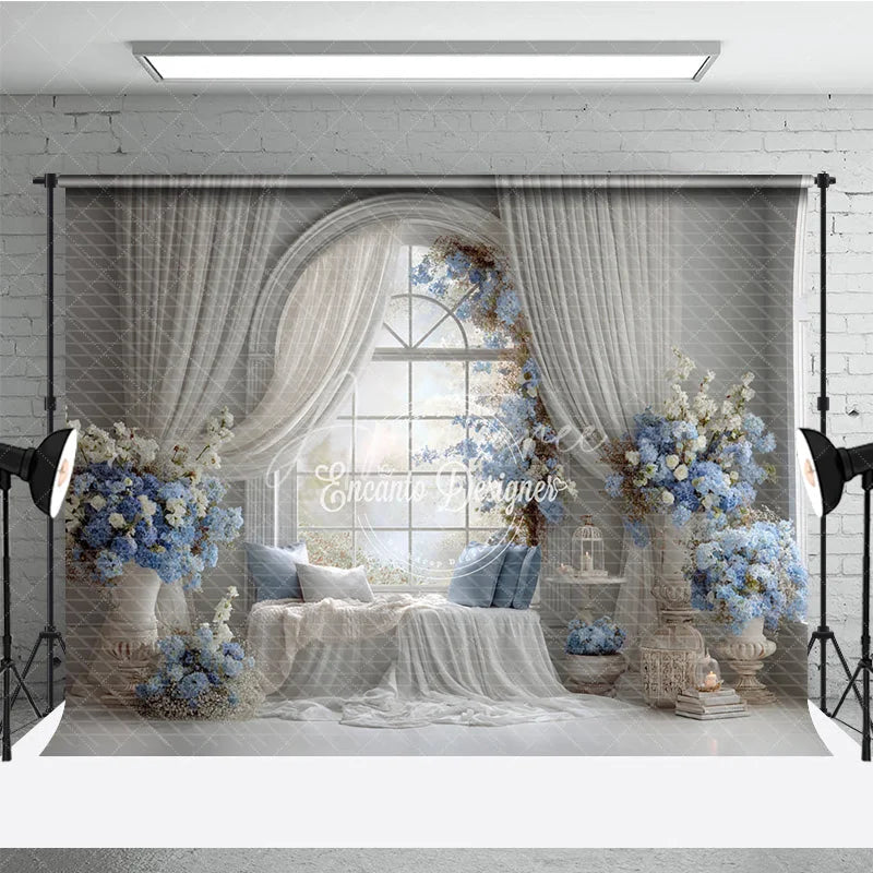 Aperturee - Aperturee Elegant Wedding Window Seat Backdrop Arch Window with Blue Floral Bridal Shower Photography Background Decor