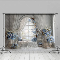 Aperturee - Aperturee Elegant Wedding Window Seat Backdrop Arch Window with Blue Floral Bridal Shower Photography Background Decor