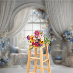 Aperturee - Aperturee Elegant Wedding Window Seat Backdrop Arch Window with Blue Floral Bridal Shower Photography Background Decor