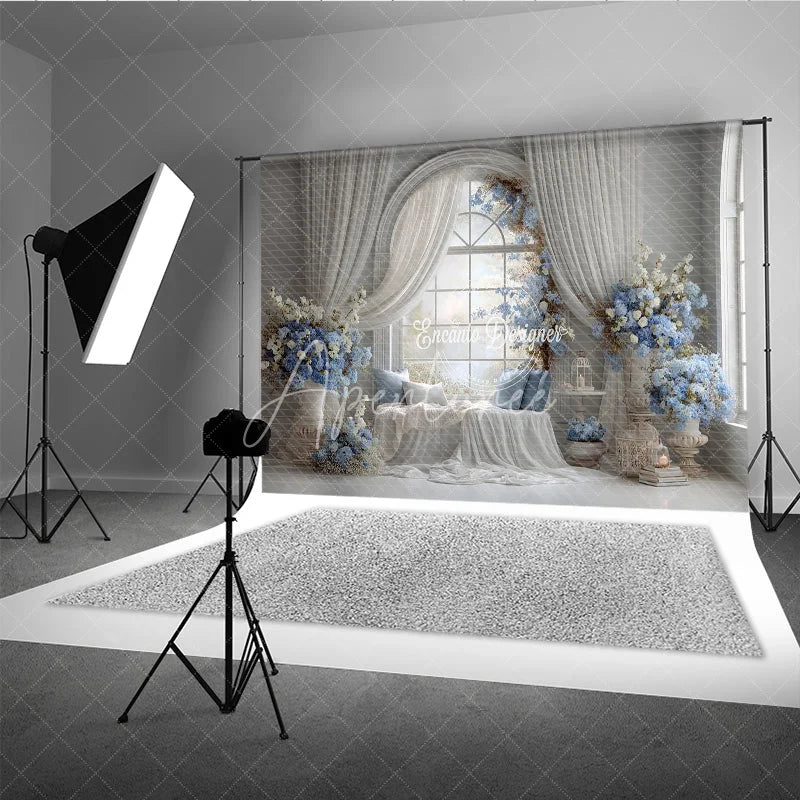 Aperturee - Aperturee Elegant Wedding Window Seat Backdrop Arch Window with Blue Floral Bridal Shower Photography Background Decor