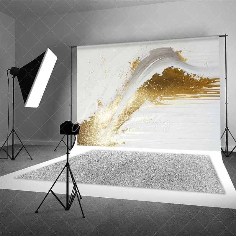 Aperturee - Aperturee Elegant White and Gold Abstract Photography Backdrop Modern Brush Stroke Glitter Design