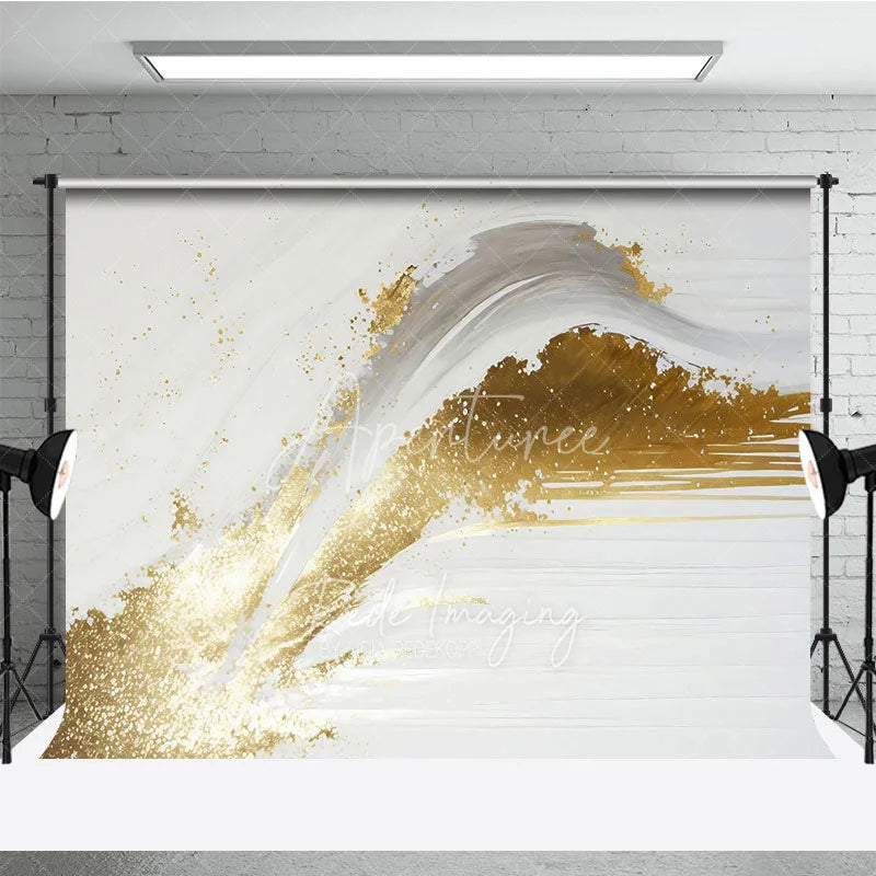 Aperturee - Aperturee Elegant White and Gold Abstract Photography Backdrop Modern Brush Stroke Glitter Design