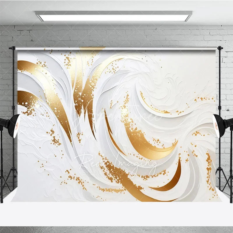 Aperturee - Aperturee Elegant White and Gold Swirl Photography Backdrop Luxury Glitter Design for Studio Photoshoot