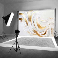 Aperturee - Aperturee Elegant White and Gold Swirl Photography Backdrop Luxury Glitter Design for Studio Photoshoot