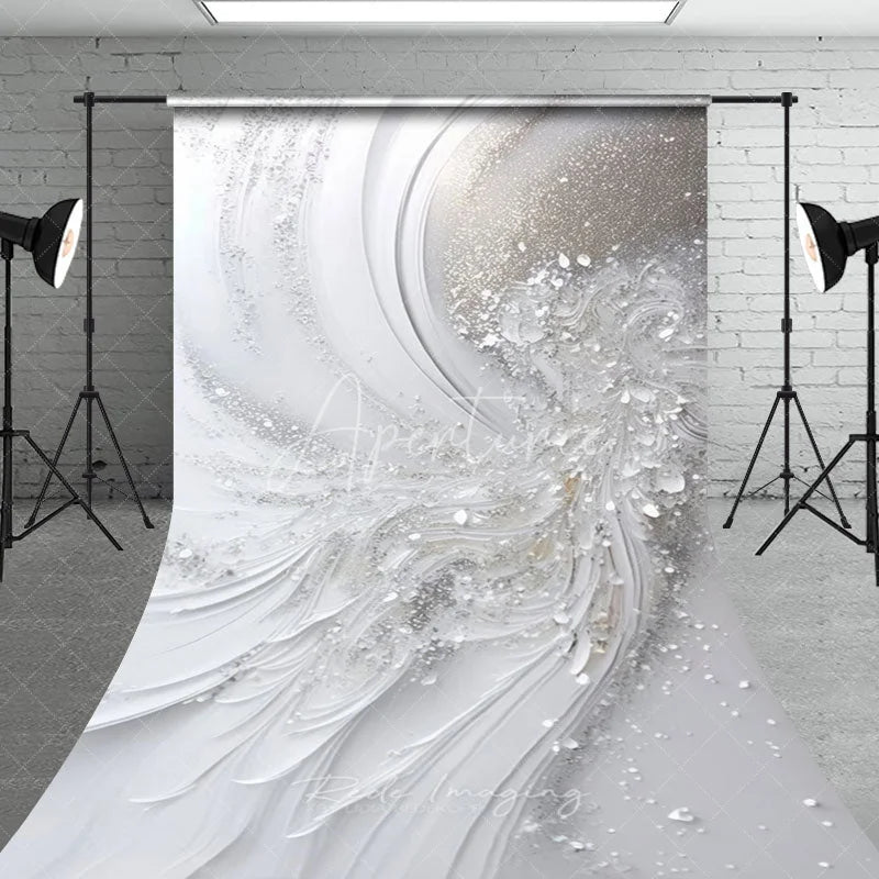 Aperturee - Aperturee Elegant White and Silver Glitter Abstract Wave Sweep Backdrop Luxurious Wedding Engagement and Party Decor