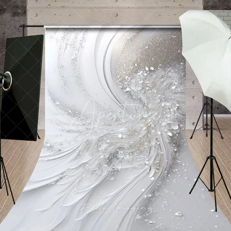 Aperturee - Aperturee Elegant White and Silver Glitter Abstract Wave Sweep Backdrop Luxurious Wedding Engagement and Party Decor