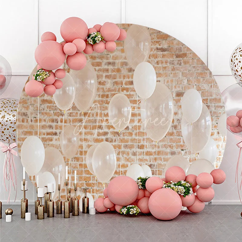 Aperturee - Aperturee Elegant White and Translucent Balloons Round Backdrop with Rustic Brick Wall Minimalist Party Decoration