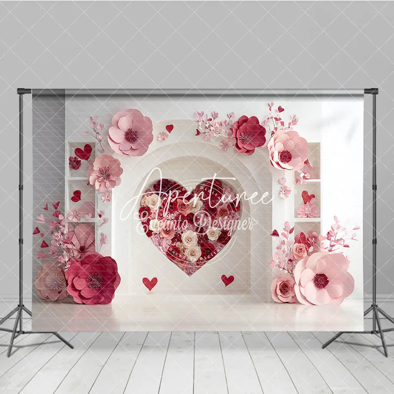 Aperturee - Aperturee Elegant White Arch with Pink and Red Paper Flower Heart Photography Backdrop Romantic Valentine’s Day Decor