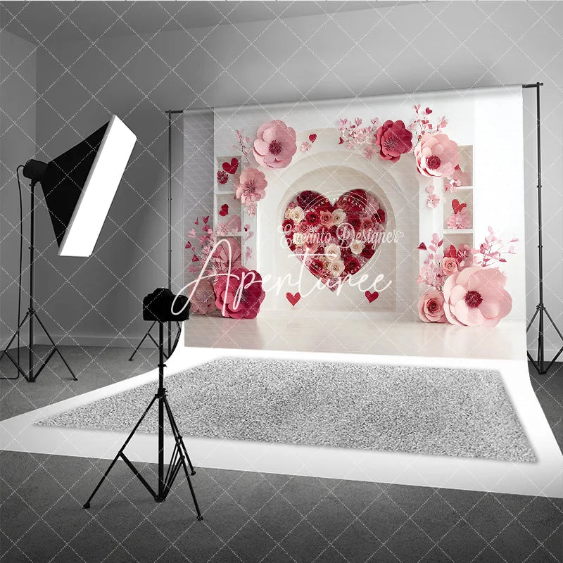 Aperturee - Aperturee Elegant White Arch with Pink and Red Paper Flower Heart Photography Backdrop Romantic Valentine’s Day Decor
