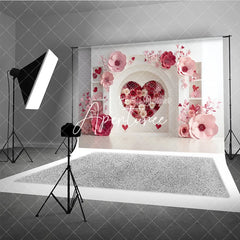 Aperturee - Aperturee Elegant White Arch with Pink and Red Paper Flower Heart Photography Backdrop Romantic Valentine’s Day Decor