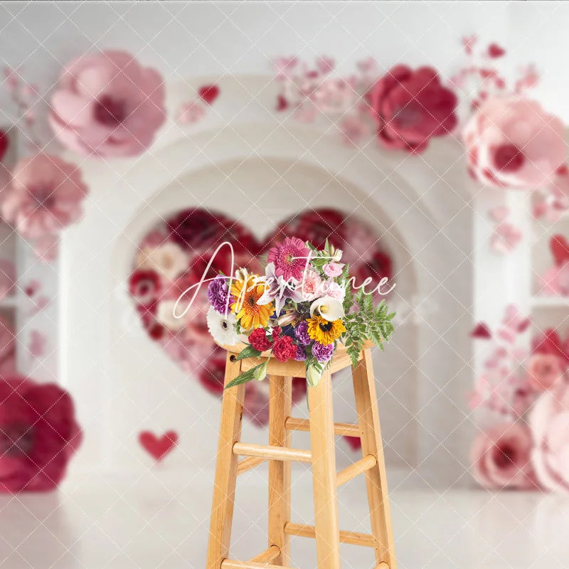 Aperturee - Aperturee Elegant White Arch with Pink and Red Paper Flower Heart Photography Backdrop Romantic Valentine’s Day Decor