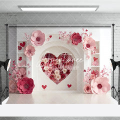 Aperturee - Aperturee Elegant White Arch with Pink and Red Paper Flower Heart Photography Backdrop Romantic Valentine’s Day Decor