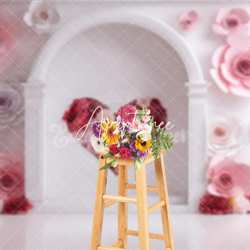Aperturee - Aperturee Elegant White Arch with Pink and Red Paper Rose Heart Photography Backdrop Romantic Valentine’s Day Decor