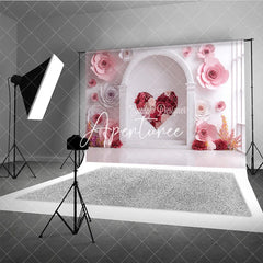 Aperturee - Aperturee Elegant White Arch with Pink and Red Paper Rose Heart Photography Backdrop Romantic Valentine’s Day Decor