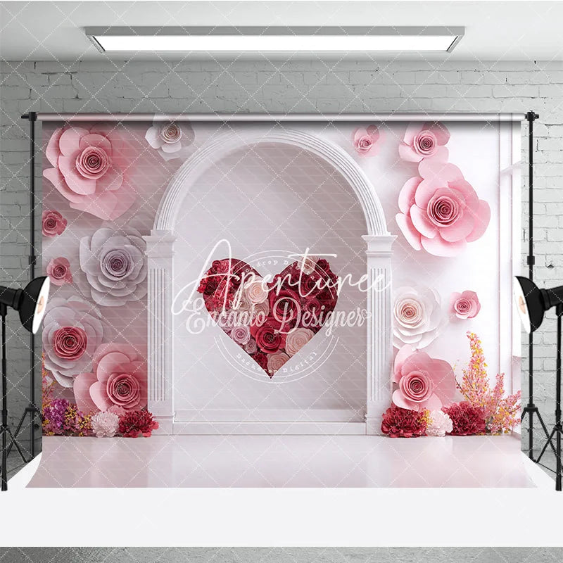 Aperturee - Aperturee Elegant White Arch with Pink and Red Paper Rose Heart Photography Backdrop Romantic Valentine’s Day Decor