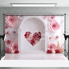Aperturee - Aperturee Elegant White Arch with Pink and Red Paper Rose Heart Photography Backdrop Romantic Valentine’s Day Decor