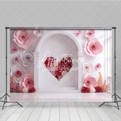 Aperturee - Aperturee Elegant White Arch with Pink and Red Paper Rose Heart Photography Backdrop Romantic Valentine’s Day Decor