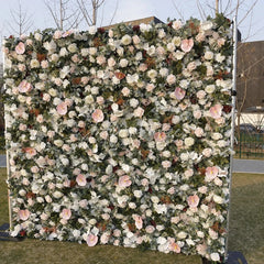 Aperturee - Aperturee Elegant White Blush Pink and Cream Rose Artificial Flower Wall with Anthurium Lush Green Foliage Wedding Party Decor